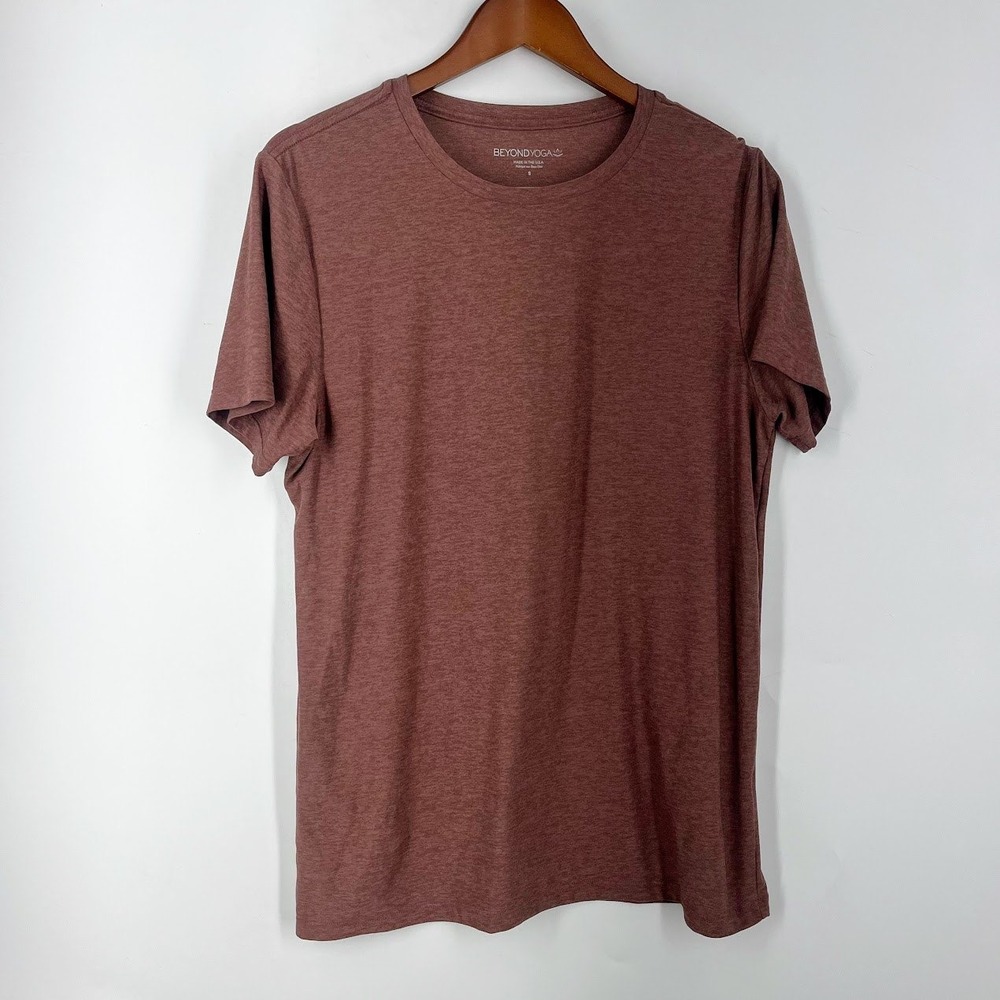 Beyond Yoga Womens Heathered Mauve Short Sleeve Crew Neck Activewear Tee Size S